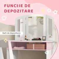 AIYAPLAY Set de Machiaj pentru Fetițe de 3-6 ani cu Oglindă Triplă Detașabilă și Scaun din Lemn, 80x49x108 cm, Alb(m-6)