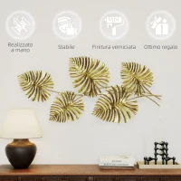 HOMCOM Wall Art a 5 Foglie di Monstera in Metallo Dorato con Accessori per Montaggio Inclusi, 83x2.5x39 cm(m-6)
