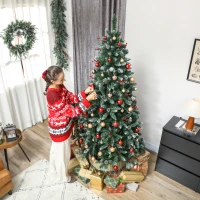 HOMCOM Weihnachtsbaum 210 cm hoch für den Innenbereich mit 928 Zweigen, Kiefernzapfen und Roten Beeren, Metallständer, Grün(m-4)