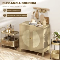 HOMCOM Aparador de Cocina con 2 Puertas de Ratán Estante Ajustable y 2 Tiradores 75x38x77 cm Madera Natural(m-4)