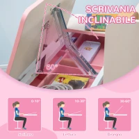 HOMCOM Set Scrivania e Sedia per Bambini da 3 Anni Regolabile, Tavolo Inclinabile a 60° con Cassetto e Ripiani, Rosa(m-4)