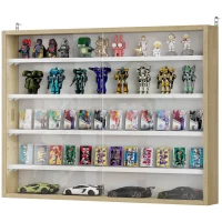 HOMCOM Bacheca Portaoggetti a 4 Ripiani Regolabili in Legno con Ante in Vetro, 80x9.5x60 cm, Bianco e color Legno(m-10)