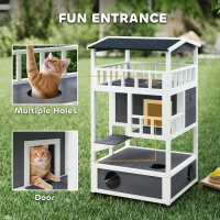 PawHut Wooden Cat House Den 3-Tier Outdoor Kitten Shelter Lodge w/ Tilted Roof Terrace Jump Step Bottom Tray Elevated Base Waterproof Paint 140 x 78 x 76cm Grey(m-5)