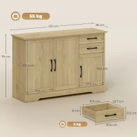 HOMCOM Aparador para Salón Moderno con 3 Puertas 2 Cajones Estante Ajustable para Comedor Entrada 120x38x79 cm Natural(m-3)