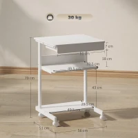 HOMCOM Birou de computer pe roți, birou cu depozitare 56 x 51 cm cu sertar, compartiment și suport CPU, alb(m-3)