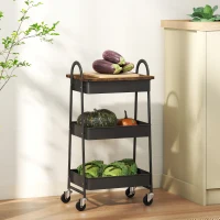HOMCOM 3-Tier Kitchen Storage Trolley with on Wheels Cover Top Board - Rustic Brown and Black(m-7)