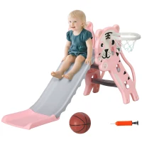 AIYAPLAY Tobogan pentru Copii 18-36 Luni cu Coș de Baschet Lateral și Tobogan din Plastic, 133x60x70 cm, Roz(m-11)