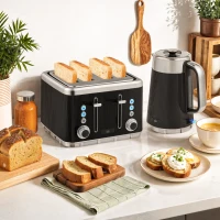 HOMCOM Electric Stainless Steel Kettle and Toaster Set, 3000W 1.7L UK Strix Thermostat Fast Boil Kettle w/ Limescale Filter, Cool Touch Body, 4 Slice Toaster with 7 Browning Levels, Crumb Tray, Black(m-2)