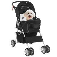 PawHut Carrito para Perros Pequeños con Toldo Ajustable Cesta de Almacenaje Portavasos y Ruedas 75x45x97 cm Negro(m-10)