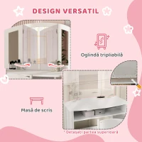 AIYAPLAY Set de Machiaj pentru Fetițe de 3-6 ani cu Oglindă Triplă Detașabilă și Scaun din Lemn, 80x49x108 cm, Alb(m-5)