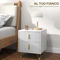 HOMCOM Comodino con 2 Cassetti in Legno con Maniglie e Gambe in Metallo, 40x40x47 cm, Bianco e Oro(m-4)