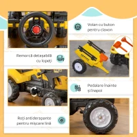 HOMCOM Tractor Copii cu Pedale și Remorcă Detașabilă pentru Copii de 3 Ani, Excavator și Jucărie, Galben(m-5)