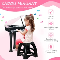 AIYAPLAY Pian pentru Copii cu Scaunel, Microfon și Muzică, 37x30.5x60.4 cm, Negru(m-5)