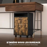 HOMCOM Caisson de bureau à roulettes avec tiroir placard niche pour documents et dossier suspendu 40 x 35 x 60 cm brun rustique(m-5)