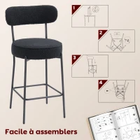 HOMCOM Lot de 2 tabourets de bar en tissu bouclette, chaises de bar avec dossier courbé, repose-pieds, 49x52x95cm, noir(m-7)