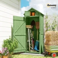 Outsunny Wooden Garden Shed, Utility Outdoor Small Shed with Lockable Double Doors, Shelves and Roof Hatch, Dark Green(m-10)