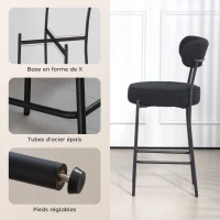 HOMCOM Lot de 2 tabourets de bar en tissu bouclette, chaises de bar avec dossier courbé, repose-pieds, 49x52x95cm, noir(m-6)