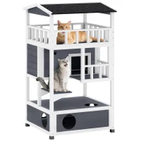 PawHut Wooden Cat House Den 3-Tier Outdoor Kitten Shelter Lodge w/ Tilted Roof Terrace Jump Step Bottom Tray Elevated Base Waterproof Paint 140 x 78 x 76cm Grey(m-11)