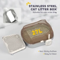 PawHut Stainless Steel Litter Box with Lid, High Wall Sided Enclosure, Pedal, Scoop, Non-Sticky, Anti-Leakage, Easy Cleaning(m-5)