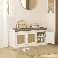 HOMCOM Shoe Storage Bench with Woven Rattan Doors, Seat - White(m-2)