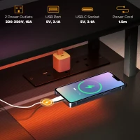 HOMCOM LED Computer Desk, with Power Outlets and Shelves - Carbon Fibre Grey(m-4)