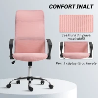 Scaun Ergonomic de Birou HOMCOM Pivotant, Înălțime Ajustabilă și Spătar din Material Textil, 63x65x109-119 cm, Roz(m-7)