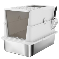 PawHut Bandeja de arena para gatos cerrada, casa de baño para gatos de acero inoxidable, 60,2 x 40,2 x 43,7 cm, gris claro