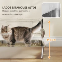 PawHut Caixa de Areia para Gatos de Aço Inoxidável XL com Tampa Abatível Entradas Altas Pá Antifugas 60,2x40,2x44,5 cm Cinza Claro(m-8)