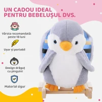 HOMCOM Balansoar Pinguin din Pluș cu Melodii și Centură de Siguranță, Balansoar pentru Copii, 60x33x50 cm, Gri(m-8)