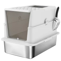 PawHut Bac à litière pour chat fermé, maison de toilette pour chat en acier inoxydable, 60,2 x 40,2 x 43,7 cm, gris clair(m-11)