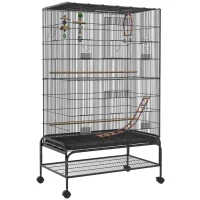 PawHut Gaiola para Pássaros com Rodas Comedouros Poleiros Prateleira Inferior Bandeja Removível 97x58x160 cm Preto(m-1)