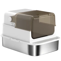 PawHut Bac à litière pour chat fermé en acier inoxydable, maison de toilette pour chat avec pelle, 70 x 50 x 46,5 cm, blanc(m-1)