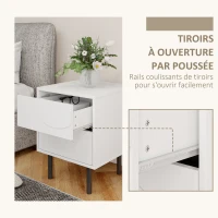 HOMCOM Table de chevet étroite, table d'appoint avec 2 tiroirs à ouverture par pression, pieds en acier, 40 x 40 x 50 cm, blanc(m-7)
