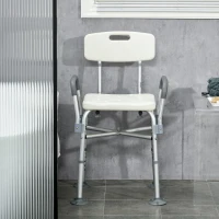 HOMCOM Cadeira de Duche para Idosos com Encosto Apoios de Braço Altura Ajustável Almofada Acolchoada Removível  53,5x52x80-90 cm Branco(m-8)