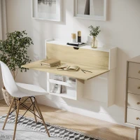 HOMCOM Bureau pliable mural avec étagères de rangement et placard, bureau rabattable, 100 x 18 x 74 cm effet bois naturel(m-2)