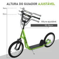 HOMCOM Trotinete com Guiador Ajustável 2 Pneus de Borracha Insufláveis com Travagem Dupla e Rodas 16" 139x58x90-96 cm Verde(m-4)