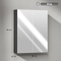 HOMCOM Dulap Suspendat de Baie cu 2 Uși cu Oglindă și 2 Rafturi Interne 60x15x75cm, Negru(m-3)