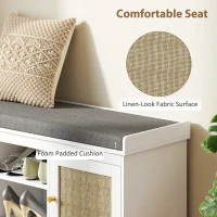 HOMCOM Boho Shoe Storage Bench with Padded Cushion and Rattan Doors - White(m-5)
