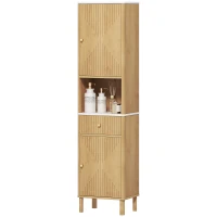 HOMCOM Badezimmerschrank mit Schublade, 2 Schränken und verstellbaren Regalen, Marmoreffekt-Regal, 41,5x30x168 cm, Eiche(m-6)
