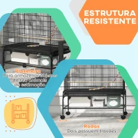PawHut Gaiola para Pássaros com Rodas Comedouros Poleiros Prateleira Inferior Bandeja Removível 97x58x160 cm Preto(m-7)