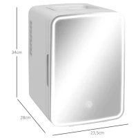 HOMCOM Mini Frigorífico para Cosméticos 10L 12V/240V para Arrefecer e Aquecer com Espelho de Luzes LED  23,5x28x34 cm Branco(m-3)
