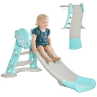 HOMCOM Tobogán para Niños +18 Meses Plegable 2 en 1 con Canasta de Baloncesto Modelo Jirafa Juguete Infantil para Interiores y Exteriores 140x87x75 cm Azul y Gris(m-10)