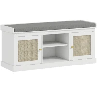 HOMCOM Boho Shoe Storage Bench with Padded Cushion and Rattan Doors - White(m-1)