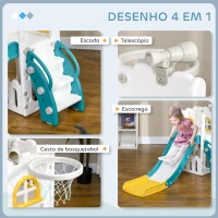 AIYAPLAY Escorrega Infantil 4 em 1 para Crianças com Cesto de Basquetebol Telescópio Escalador e Espaço de Arrumação 70x177x92 cm Amarelo e Verde(m-4)