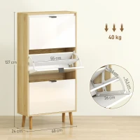 HOMCOM Sapateira Estreita com 3 Portas em Branco Brilhante Prateleiras Ajustáveis Pernas de Madeira para 18 Pares de Sapatos 60x24x127 cm(m-3)
