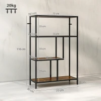 HOMCOM Bibliotecă cu 4 Rafturi, Stil Industrial, Lemn și Metal, 77x30x116cm, Maro(m-3)