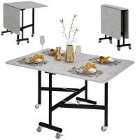 HOMCOM Mobile Drop Leaf Table, Folding Dining Table with 6 Wheels & Brakes, Kitchen Table for Small Spaces, Grey Marble Effect(m-10)
