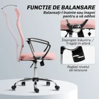Scaun Ergonomic de Birou HOMCOM Pivotant, Înălțime Ajustabilă și Spătar din Material Textil, 63x65x109-119 cm, Roz(m-6)