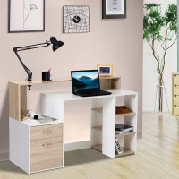 HOMCOM Bureau informatique avec 2 tiroirs, bureau avec rangement, 137 x 55 x 92 cm, étagères ouvertes et tablette d'imprimante, style moderne, table d'ordinateur pour chambre, studio, chêne(m-10)