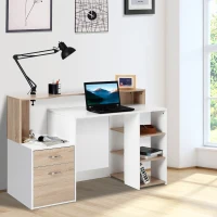 HOMCOM Bureau informatique avec 2 tiroirs, bureau avec rangement, 137 x 55 x 92 cm, étagères ouvertes et tablette d'imprimante, style moderne, table d'ordinateur pour chambre, studio, chêne(m-9)